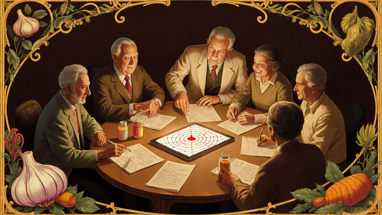 A group of people reviewing medications at a table with a glowing interaction map, guided by a pharmacist, surrounded by herbal motifs in Art Nouveau style.