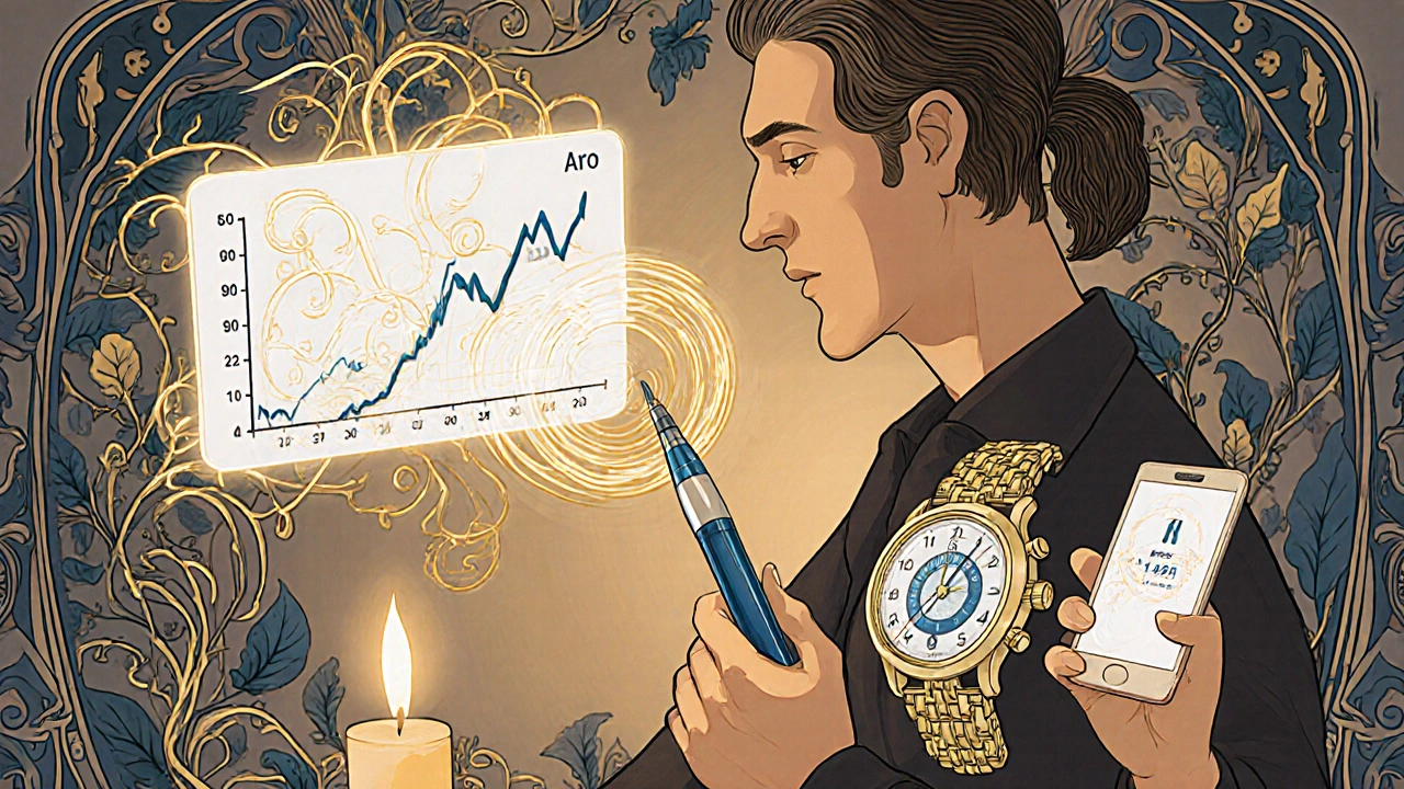 A man using a smart insulin pen connected to a flowing holographic glucose graph, in elegant Art Nouveau style.