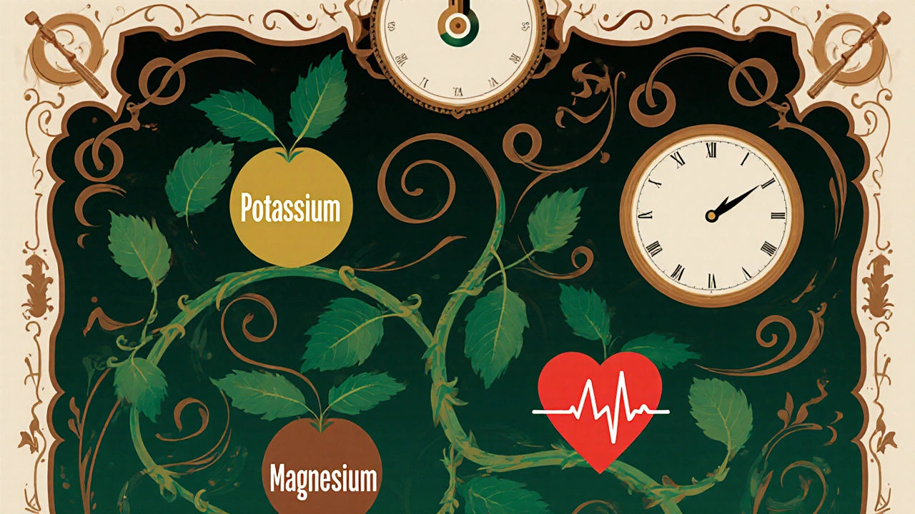 A medical chart as a glowing vine with potassium and magnesium fruits, pulsing heart, and clock.
