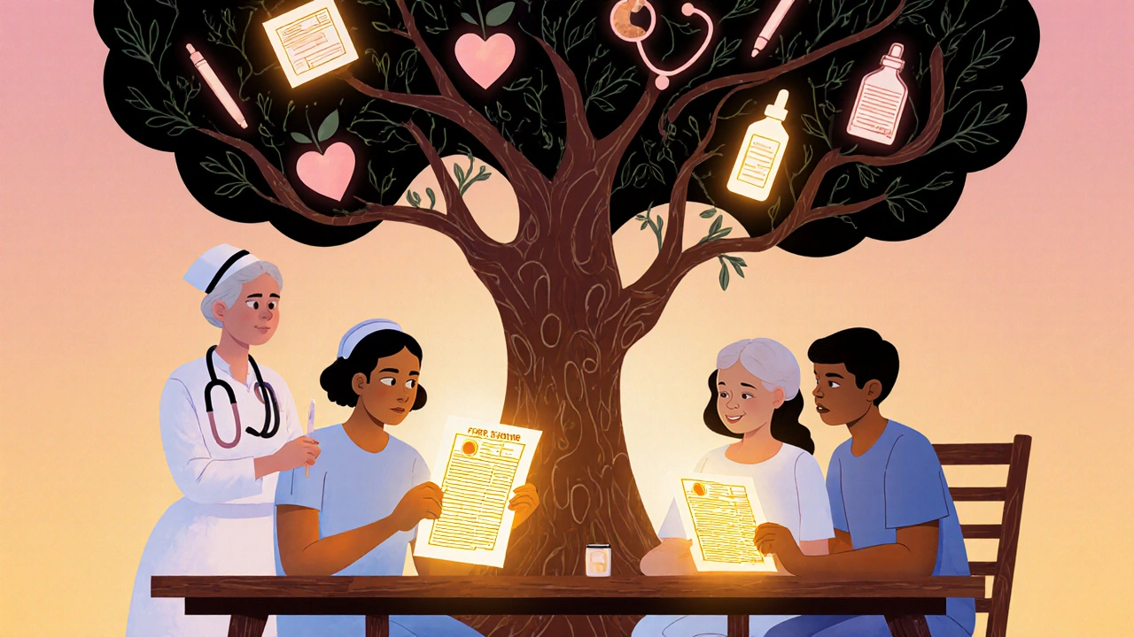 A nurse, elderly man, and caregiver sit together with glowing MedWatch forms, surrounded by a tree bearing medical device fruits.