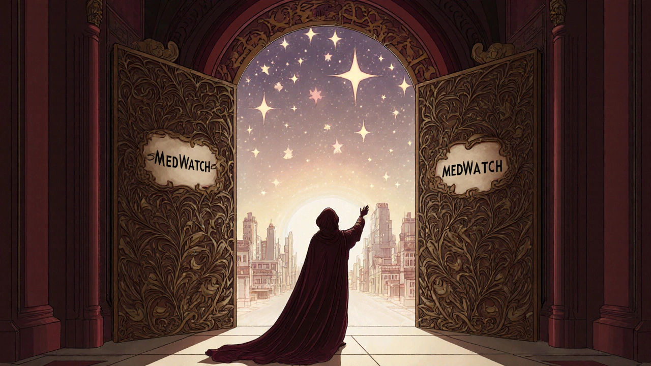 A person opens a grand MedWatch door to reveal a glowing city of safety, with stars representing every report.