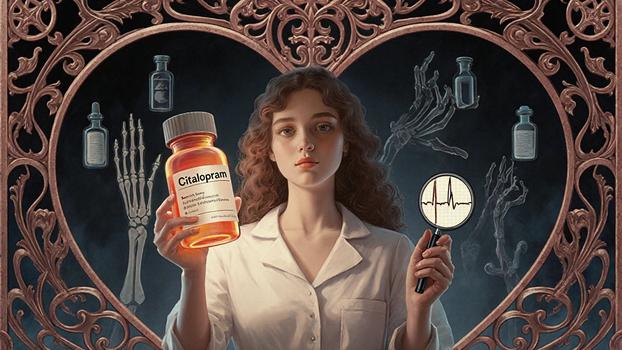 A pharmacist holding a prescription bottle revealing a distorted ECG, surrounded by shadowy drug vials.