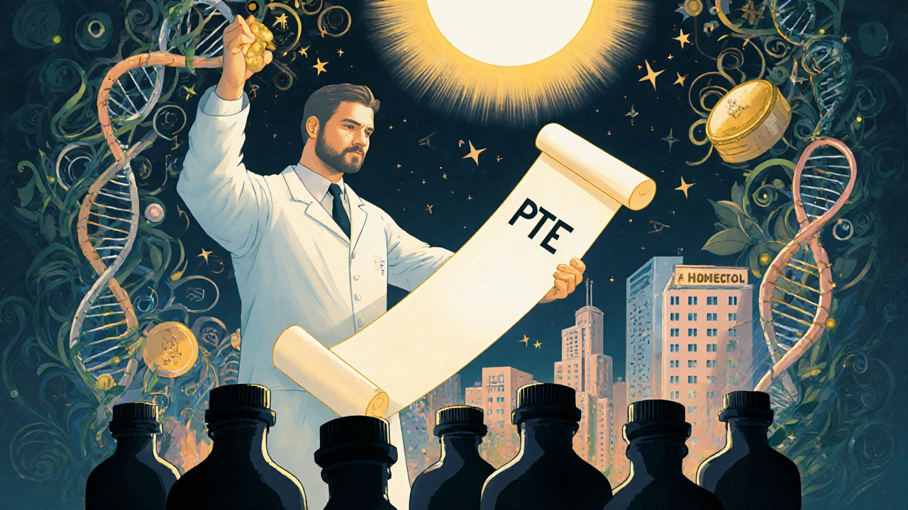 A scientist holding an extending patent scroll surrounded by DNA vines, with a golden 14-year cap above.