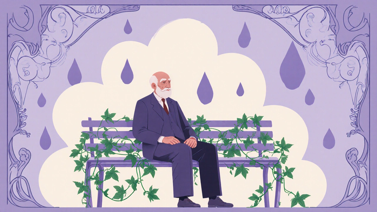 An elderly man sits peacefully as losartan vines wrap around his legs, with heart and water motifs in the background.