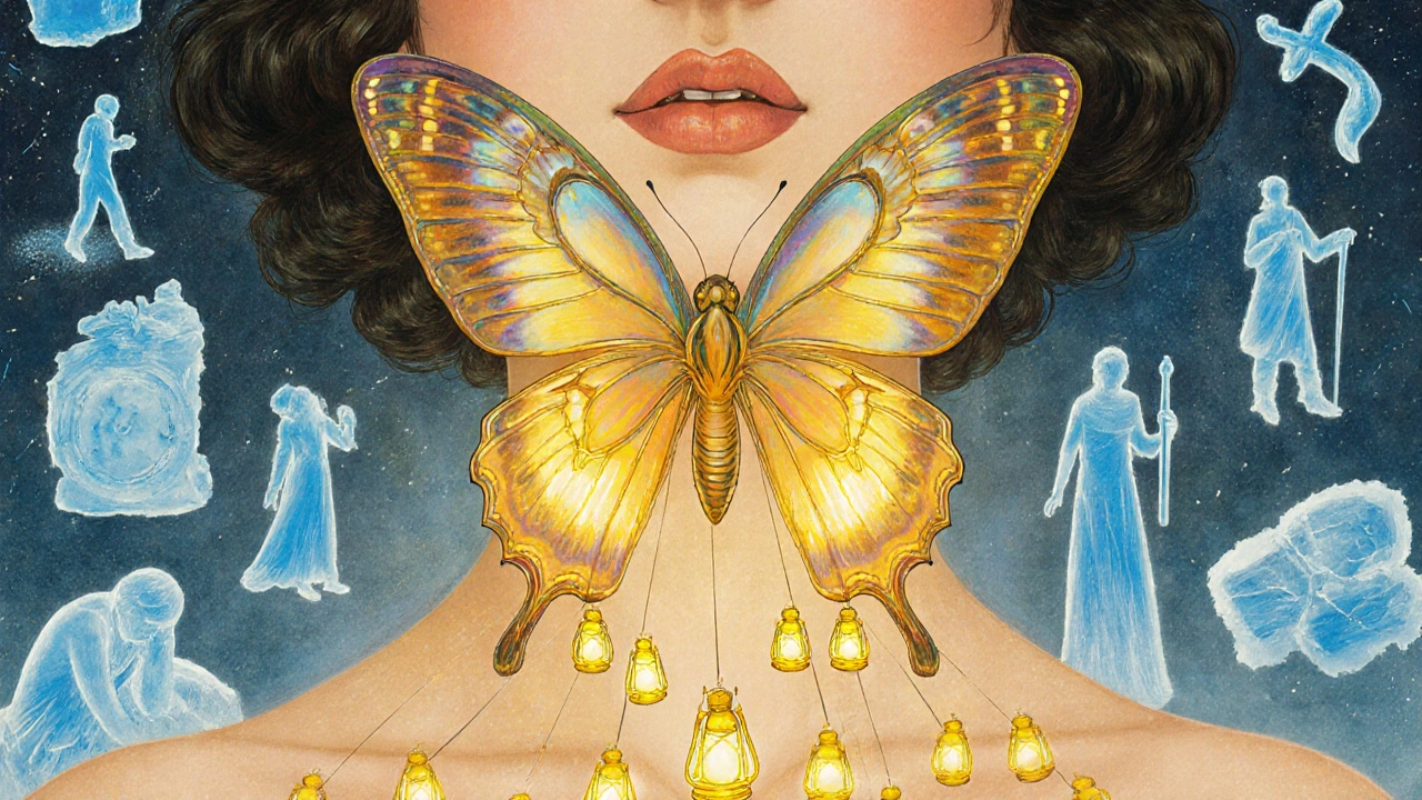 Butterfly-shaped thyroid gland emitting warm light to awaken glowing cells, replacing fatigue with vitality.