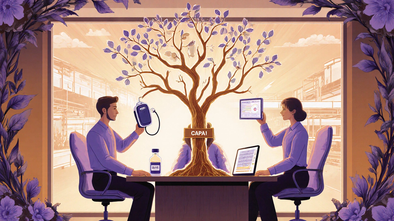 Cross-functional team surrounded by organic lines connecting medical devices and a digital dashboard in a sunlit room.