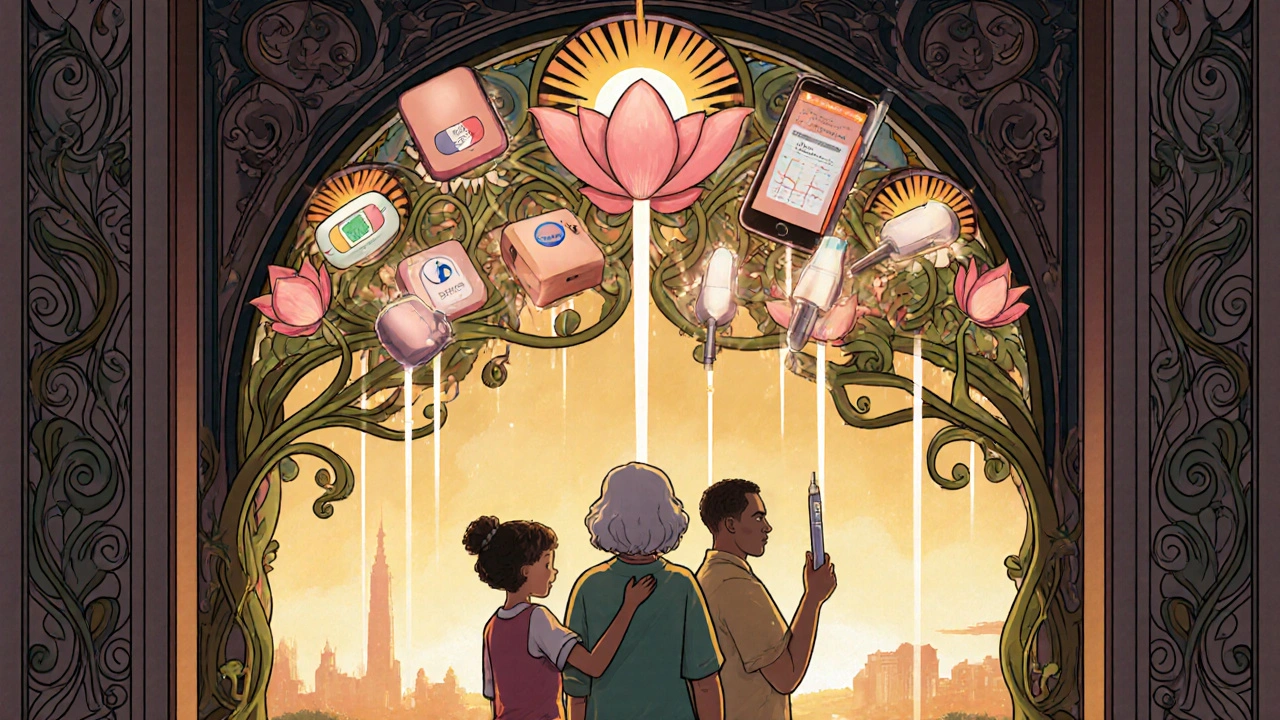 Diverse individuals under an arch of health tech devices shaped like lotuses, radiating light in Art Nouveau design.