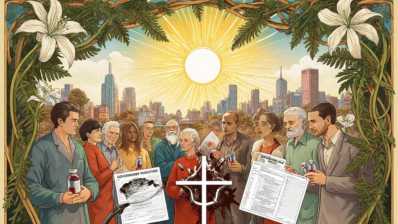 Diverse patients holding blood vials under floral canopy as a government registry dissolves into ash.