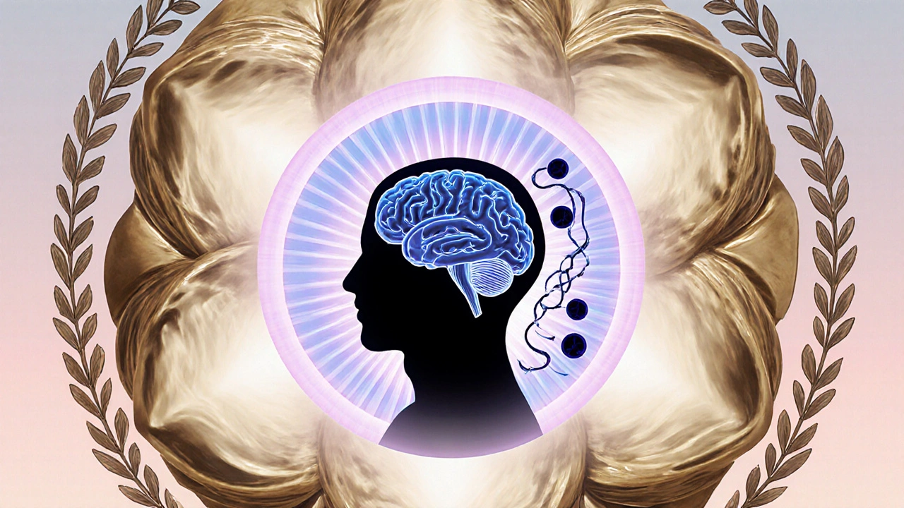 Elegant MRI machine shaped like a blooming lotus, emitting blue-violet light around a brain.