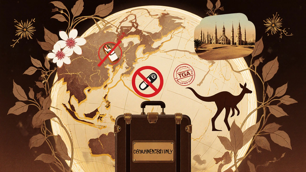 Globe with country-specific medication rules illustrated in Art Nouveau style, showing permitted and banned drugs.