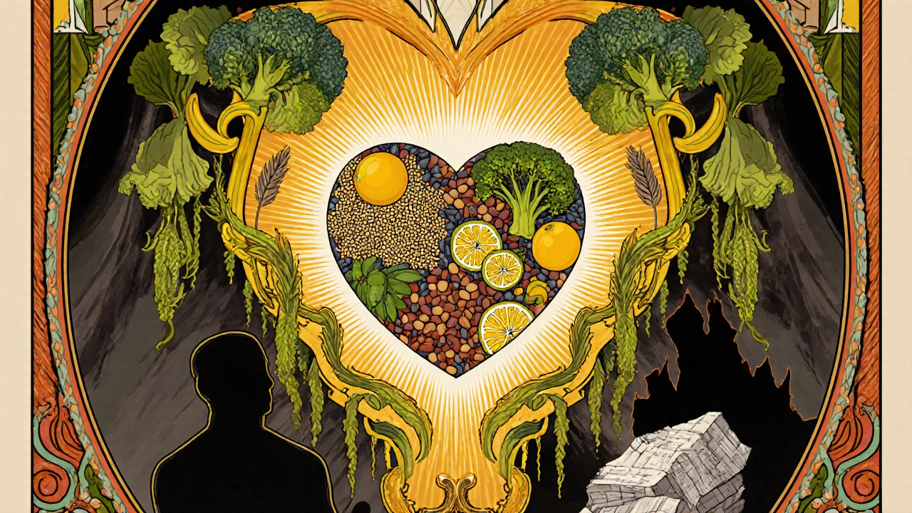 Heart made of whole foods glowing brightly as processed food fades away in Art Nouveau poster style.