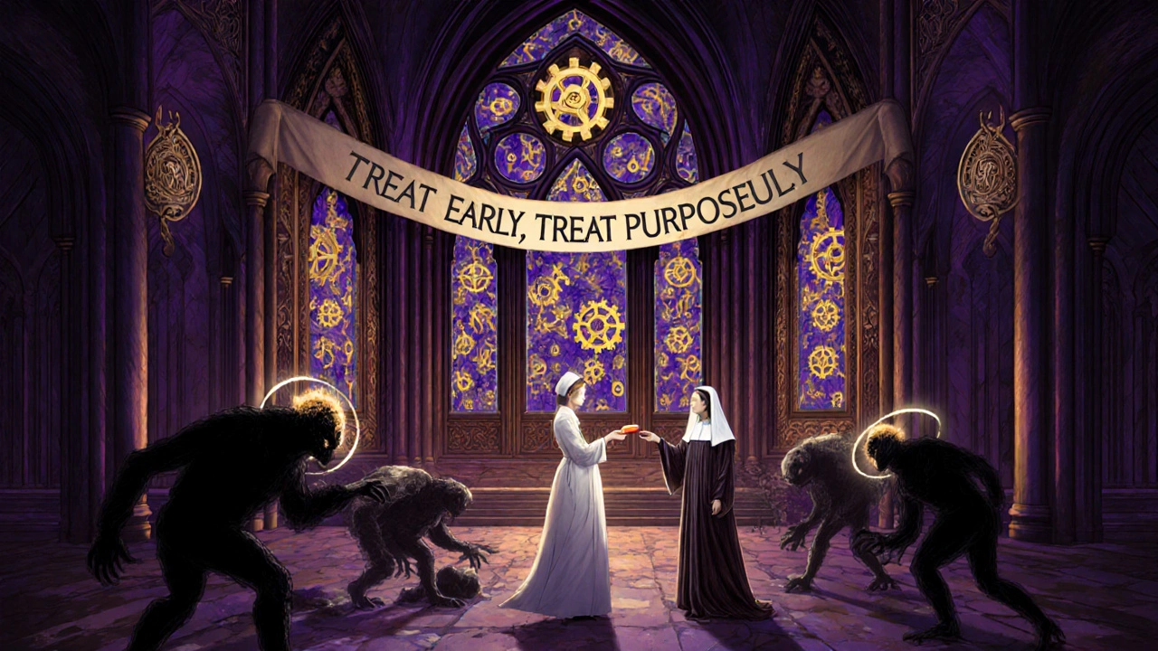 Human body as cathedral with JAK inhibitor gears inside cells, inflammation monsters crumbling below