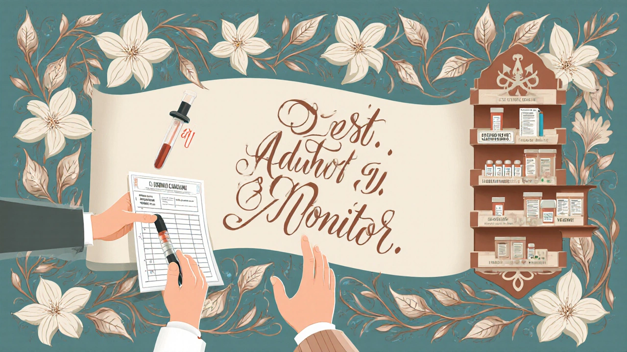 Medical chart as vine banner with hands reaching toward calcium levels, surrounded by lilies and kidney motifs in Art Nouveau style.