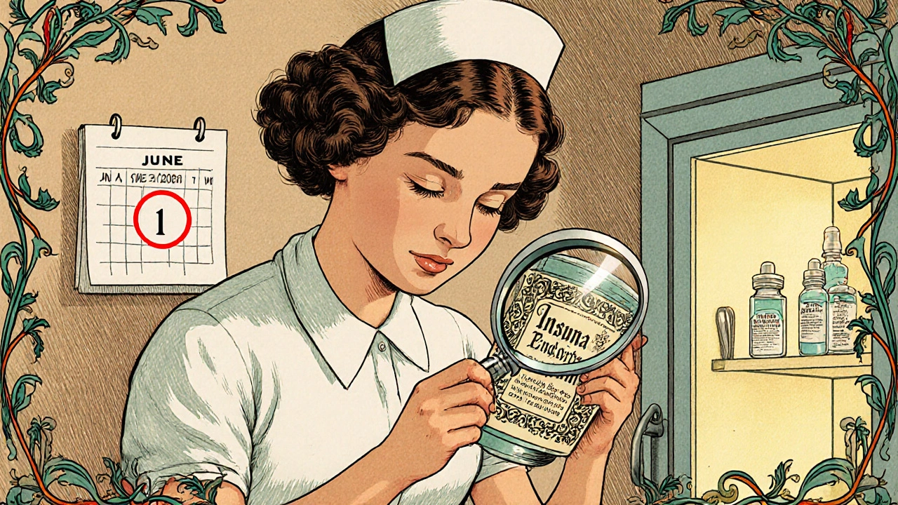 Nurse inspects medicine label with magnifying glass under ornate Art Nouveau design elements.