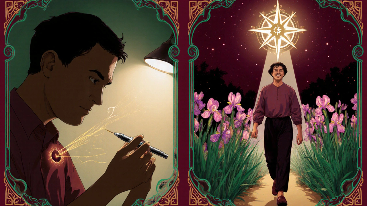 Patient injecting biologic with golden threads targeting inflamed joint, transitioning to walking in garden