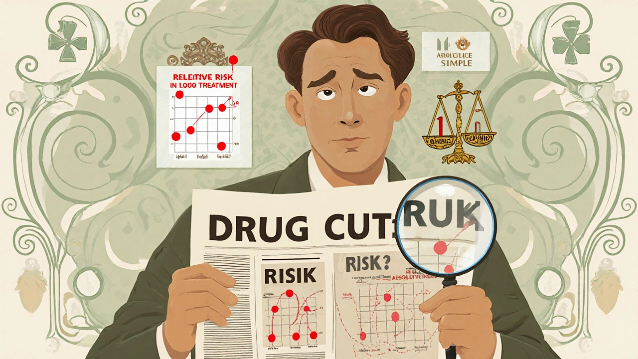 Patient using a magnifying glass to see the true risk change in a grid of 100 people, contrasting flashy ads with quiet reality.