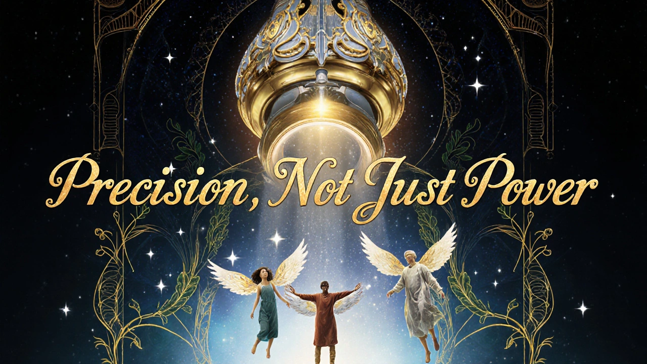 PET-MRI hybrid as a gilded cathedral, patients ascending with floral wings under starlit diagnostics.