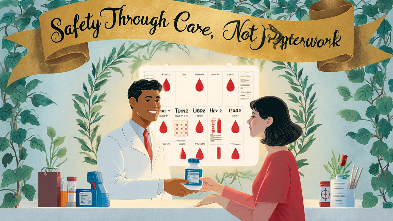 Pharmacist handing clozapine to a patient with vines and a chart showing blood test icons, no digital registry visible.