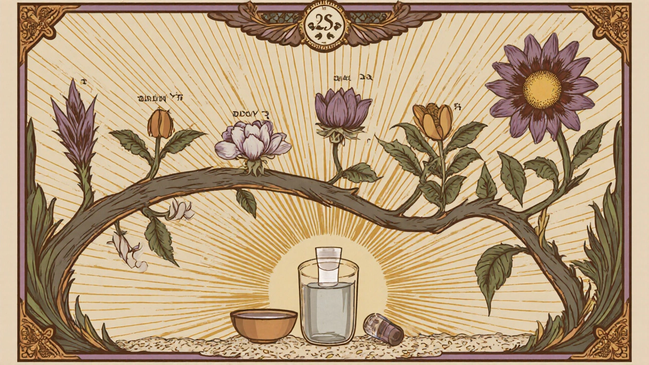 Seven-day blooming vine timeline symbolizing diarrhea resolution with pill and food at the root.