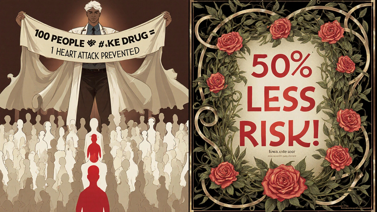 Split illustration: one side shows 100 people with one red dot representing benefit, the other shows a flashy ad hiding the small real-world impact.