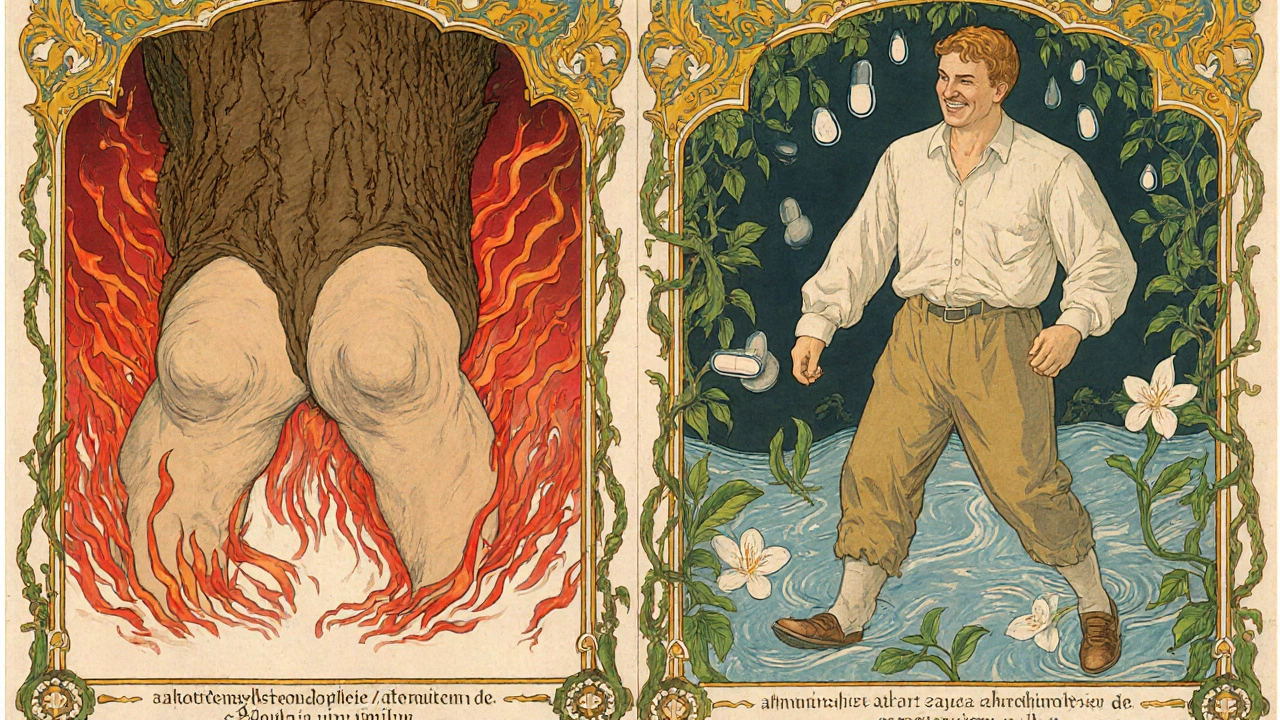 Split image: left shows swollen legs from nifedipine, right shows a man walking freely with hydrochlorothiazide droplets and lilies.