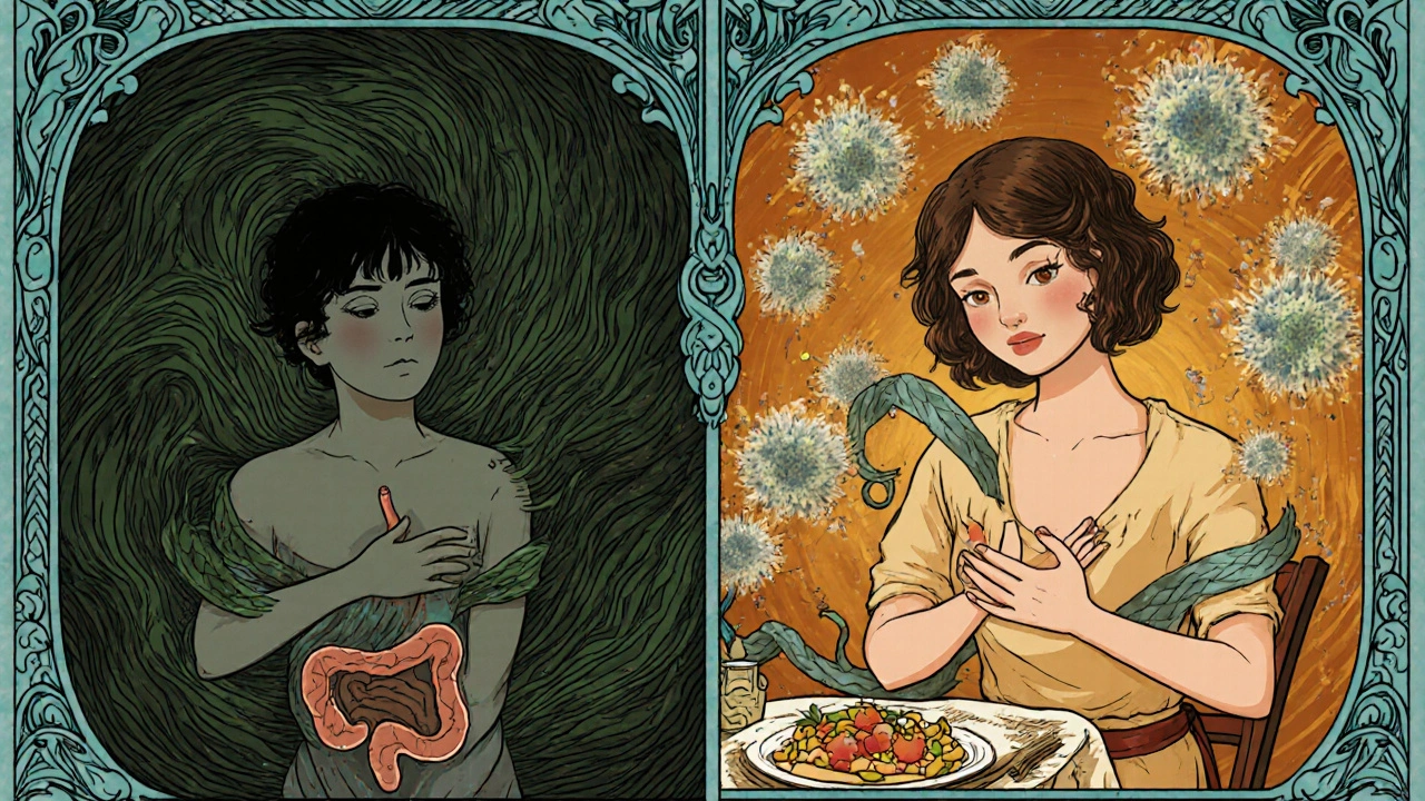 Split image showing gut distress transforming into calm with probiotic flowers and fiber ribbons.