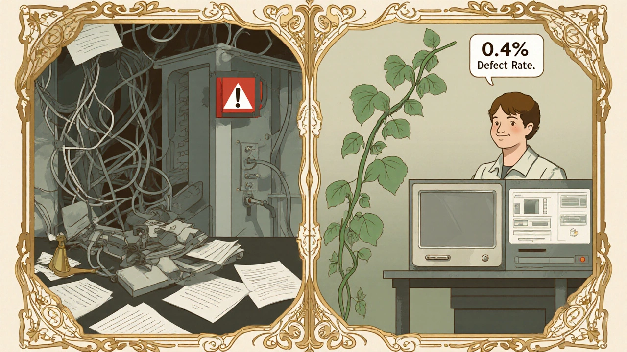 Split-panel scene: chaos on left, orderly CAPA success on right, with flowing vines and gilded Art Nouveau details.