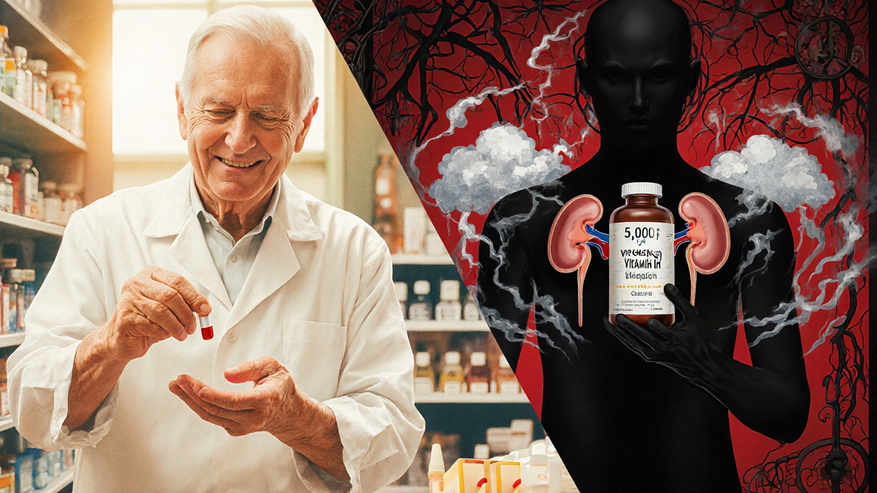 Split scene: pharmacist giving safe vitamin D dose vs. shadowy figure with dangerous high-dose supplement in Art Nouveau style.