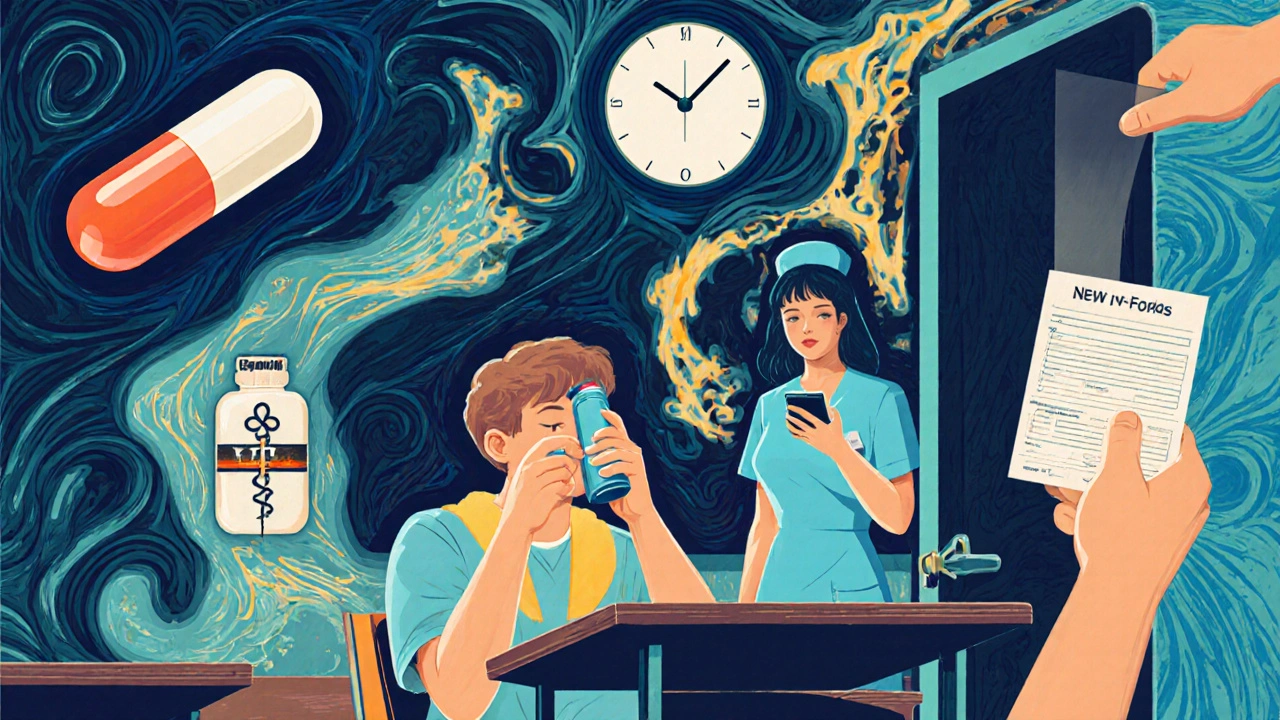 Teen uses inhaler in classroom as medical icons float around them in Art Nouveau style.