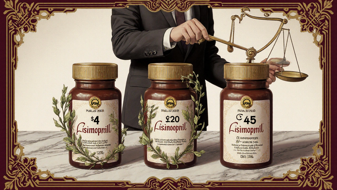 Three identical pill bottles with wildly different prices, illustrated in flowing Art Nouveau style.