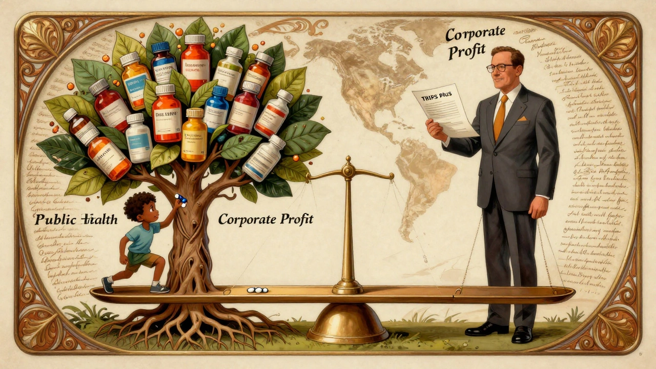 A balanced scale with a child and corporate executive, representing public health versus corporate profit under TRIPS Plus rules.
