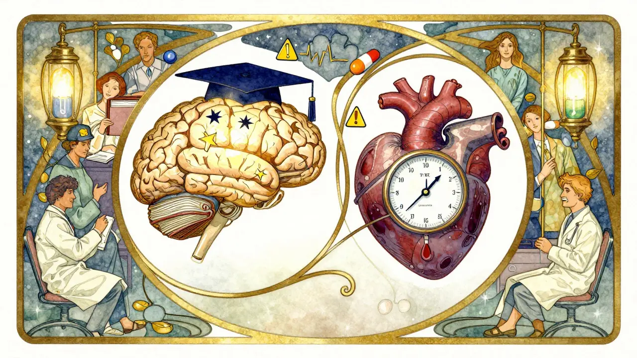 A circular scale balancing brain benefits against heart and sleep risks, surrounded by patient figures and pill-shaped lanterns.