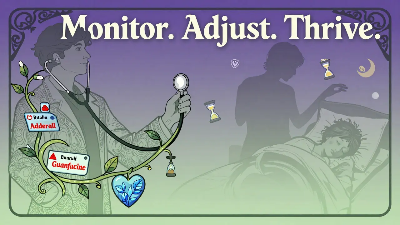 A doctor holding a stethoscope-vine connecting stimulant pills to sleep symbols, with contrasting figures in bed under twilight tones.