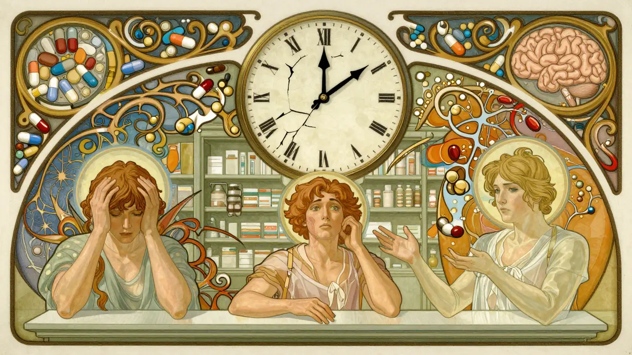 A fractured clock floats above a pharmacy with three figures representing emotional phases of drug switching.