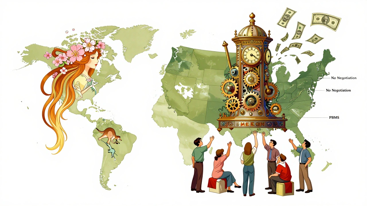 A global map as a woman&#039;s hair, with Japan and Australia as peaceful regions and the U.S. as a costly machine in Art Nouveau style.