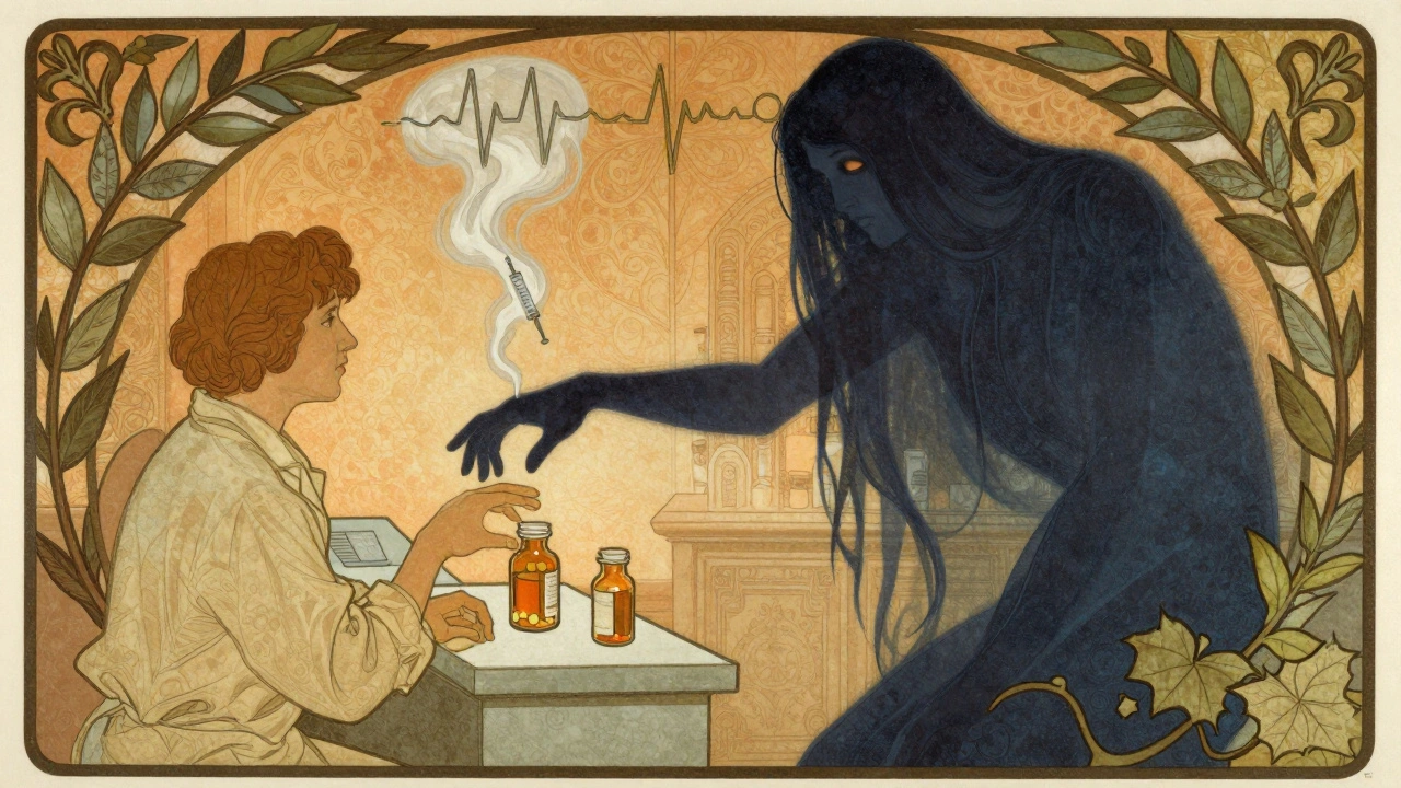 A hand reaching for medicine while its shadow becomes a dark figure of depression, framed by ornate vines.