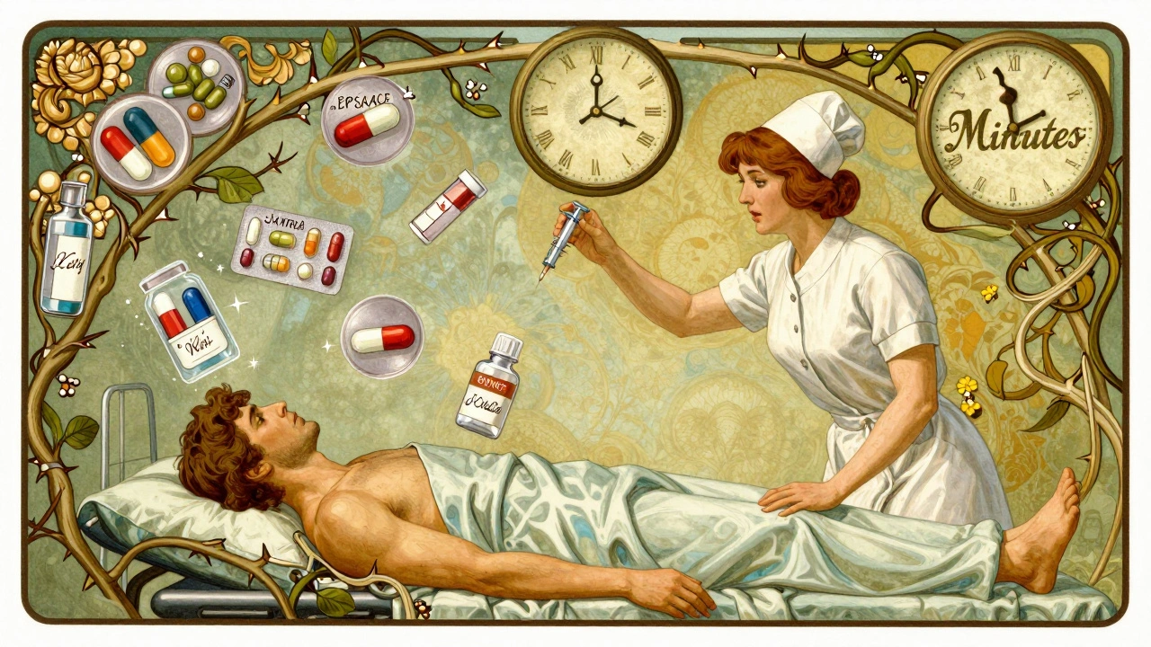 A hospital scene with floating drug icons and a broken clock, as a nurse reaches for epinephrine in Art Nouveau style.
