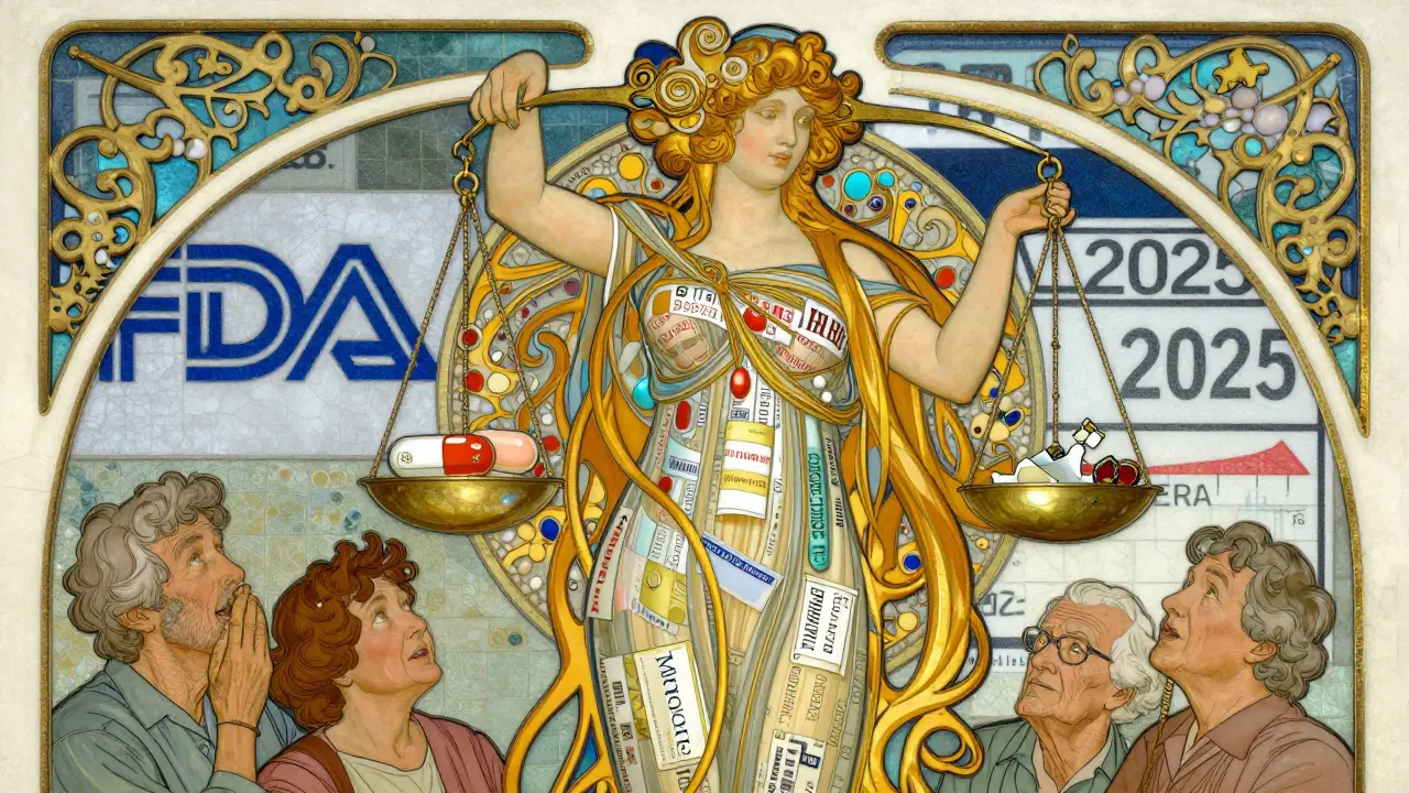 A majestic figure holding scales comparing brand and generic pills, with patients below in Art Nouveau design.