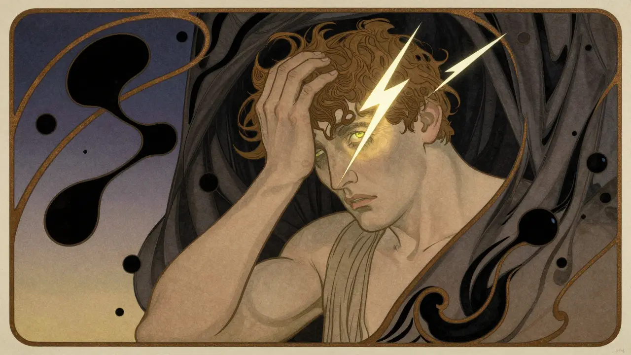 A man experiences sudden flashes and shadowy floaters, depicted in dramatic Art Nouveau lines.