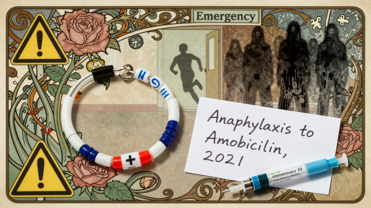 A medical alert bracelet and epinephrine injectors beside a warning note, surrounded by thorny roses and shadowy figures.