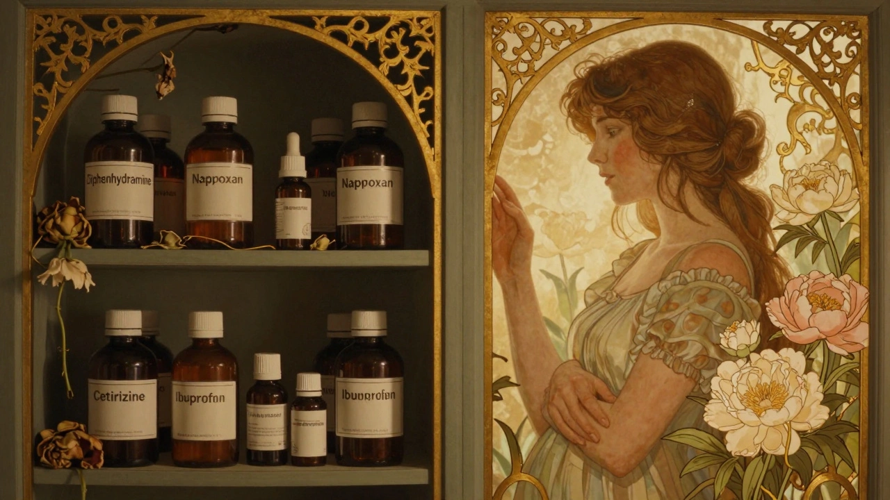 A mother chooses safe medications amid contrasting shelves of blooming flowers and wilting plants in Art Nouveau illustration.