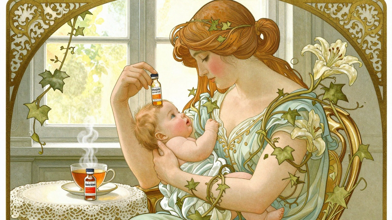 A nursing mother holds ibuprofen and acetaminophen vials near a window, with delicate vines and lilies in Art Nouveau design.