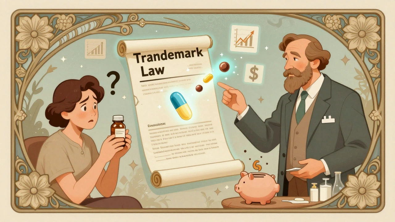 A patient confused by pill changes, watched by a pharmacist as legal scroll transforms the pill’s appearance.