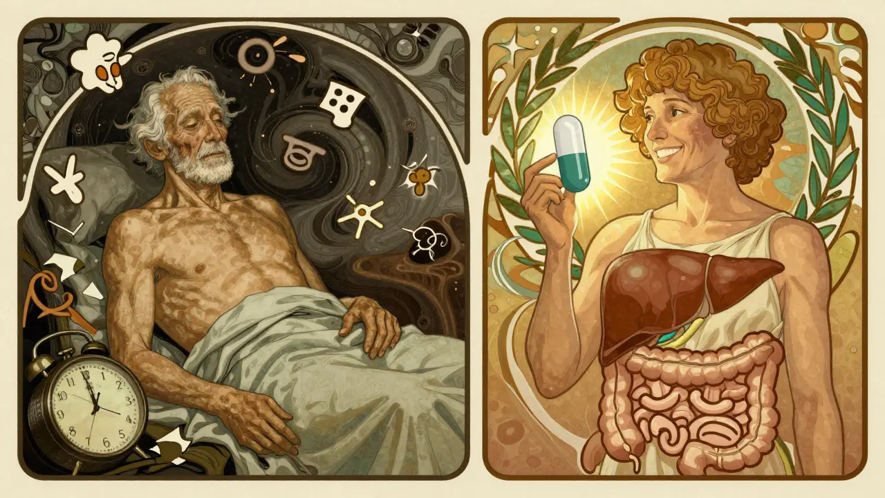 A patient transformed from distress to peace, contrasted with a budesonide capsule as a laurel wreath, in Art Nouveau style.