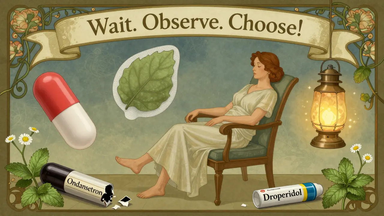 A patient with three stylized antiemetics floating above, while discarded drugs lie broken below in Art Nouveau design.