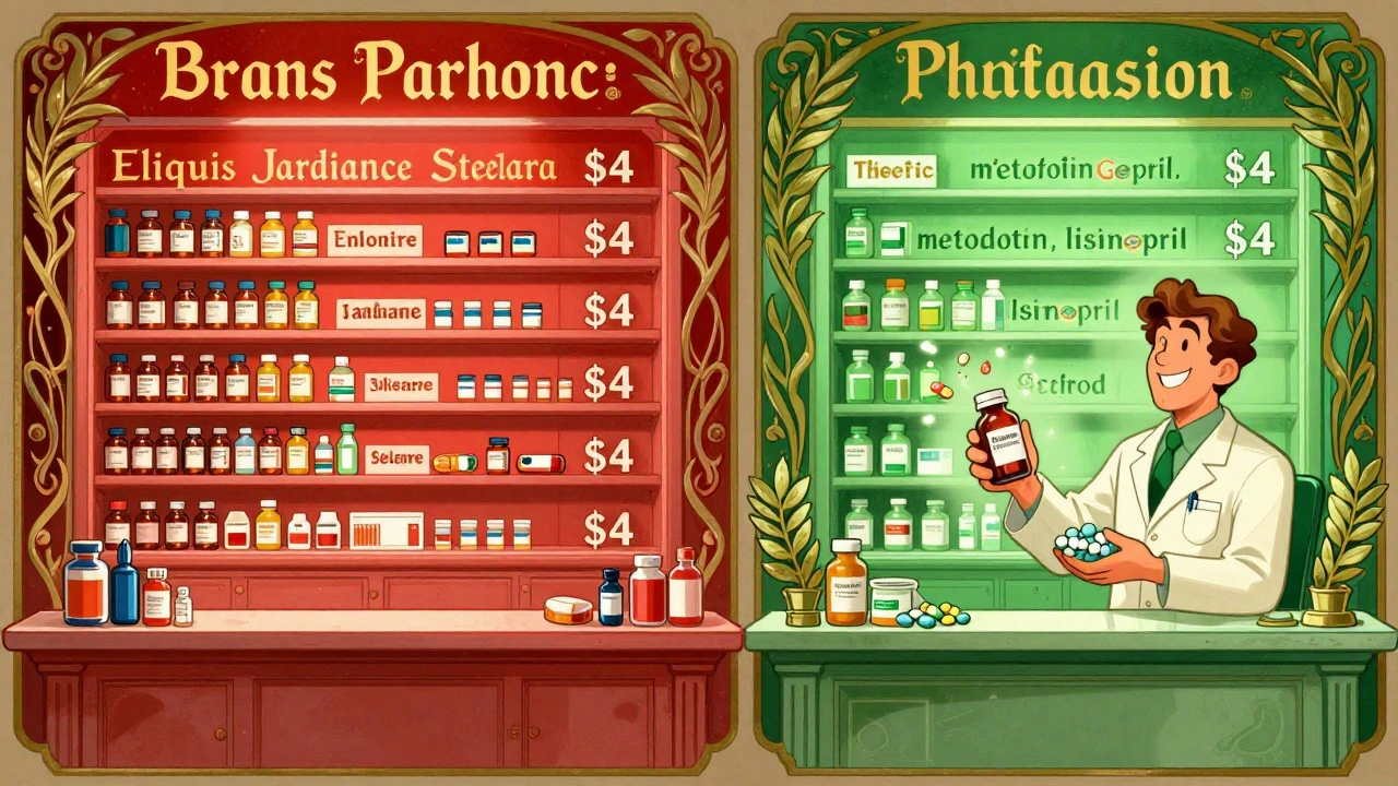 A pharmacy counter with two aisles: expensive brand drugs on one side, cheap generics on the other, illustrated in Art Nouveau style.