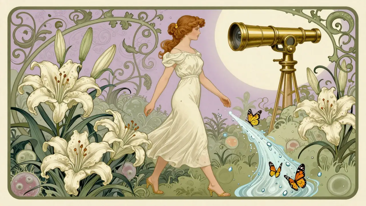 A woman walking through a garden of colon cells as lilies, with droplets turning to butterflies, in Art Nouveau style.
