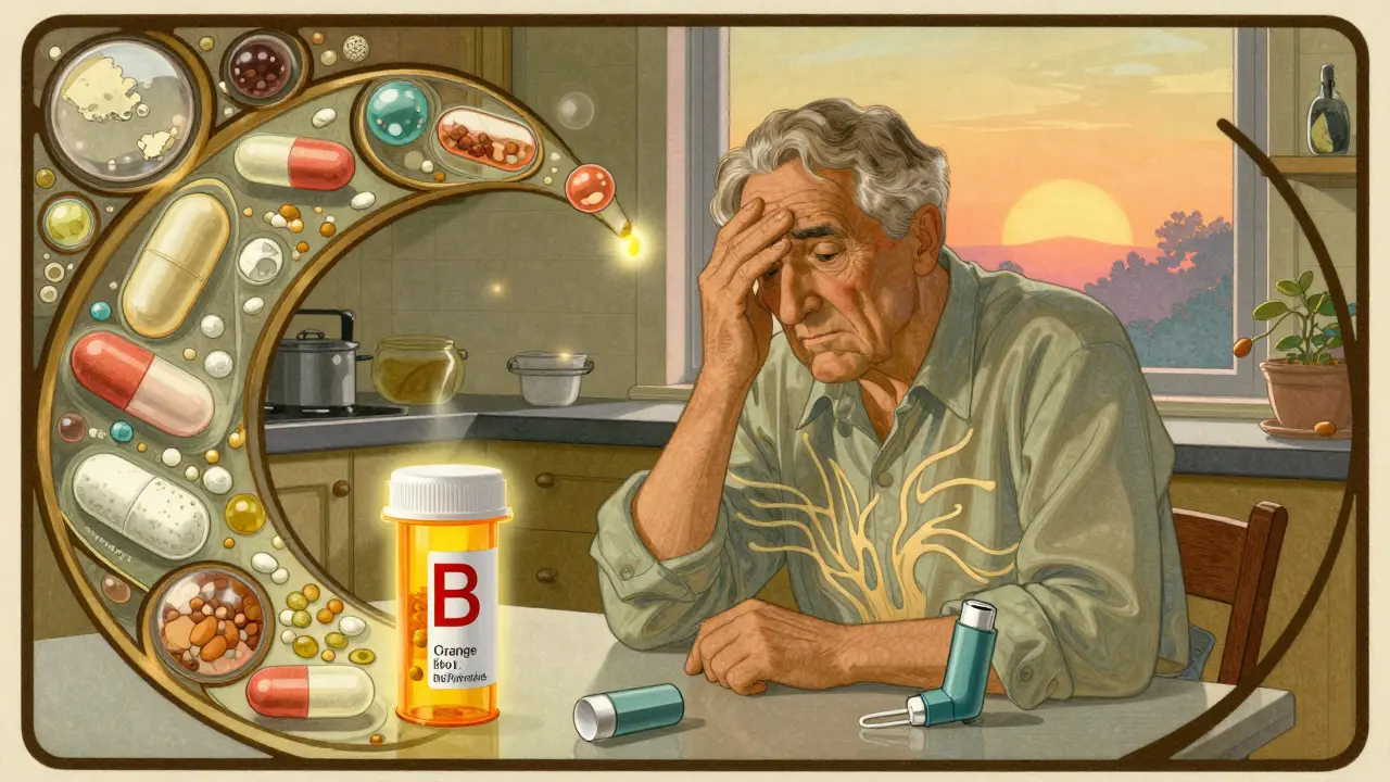 An elderly man surrounded by floating pill ingredients, with a glowing authorized generic pill above him.