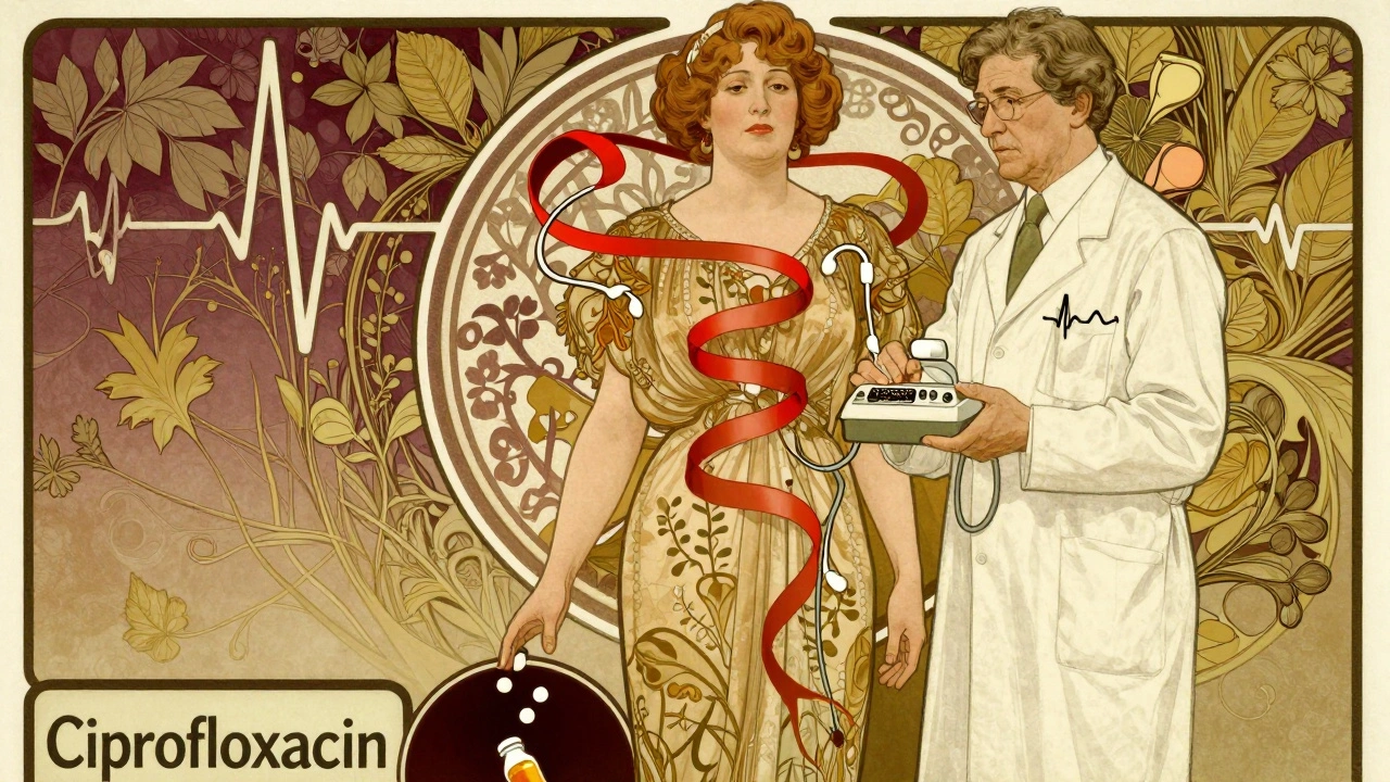 An elderly woman with an ECG machine, a twisting red rhythm above her chest, and falling pill bottles in Art Nouveau advertising style.