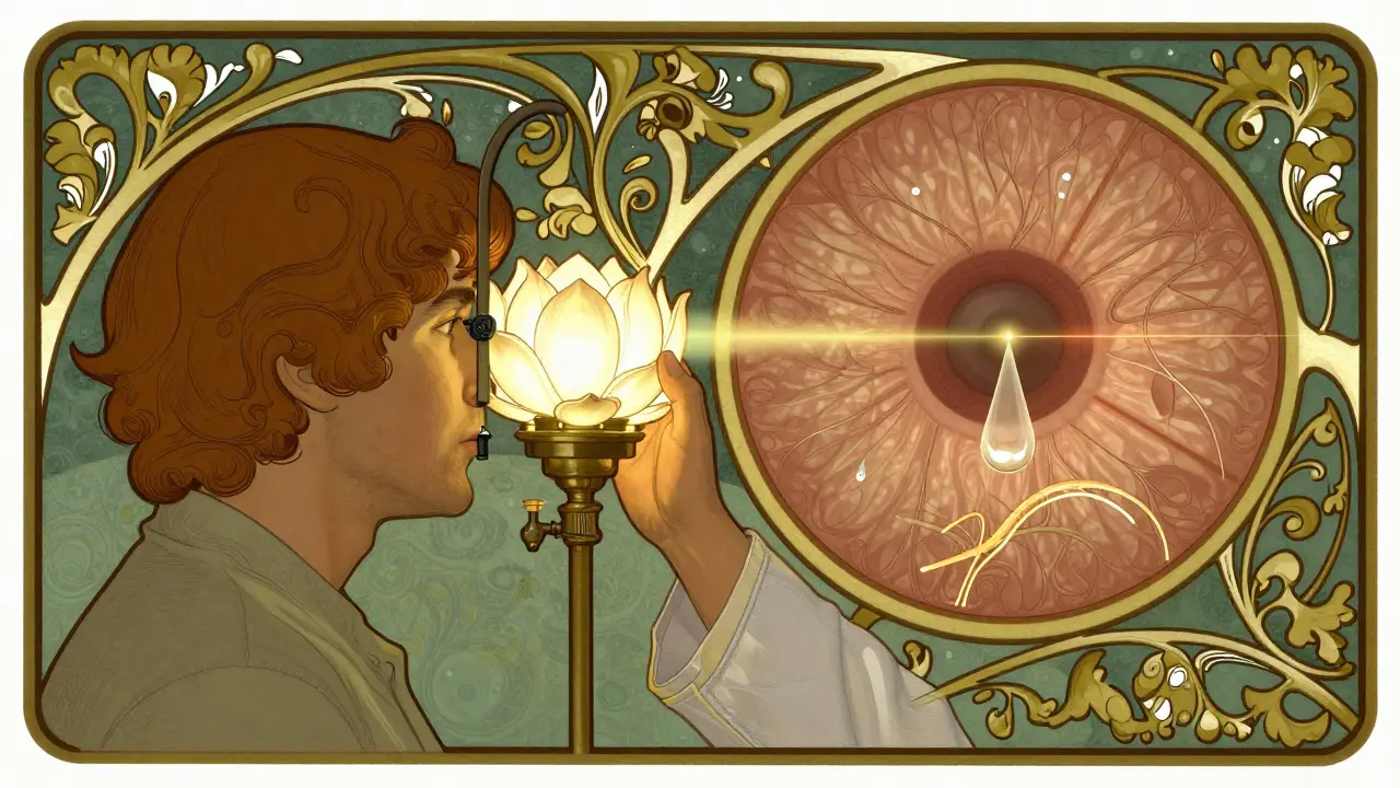 An eye doctor examines a patient with a lotus-shaped lamp, showing a laser-sealed retinal tear in ornate design.